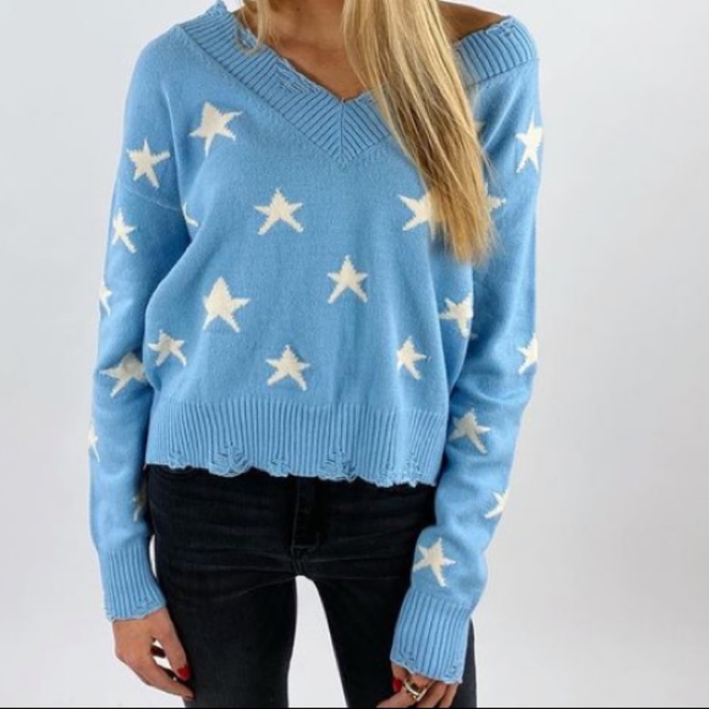 Rock N Rags Baby Blue Distressed Sweater with Star